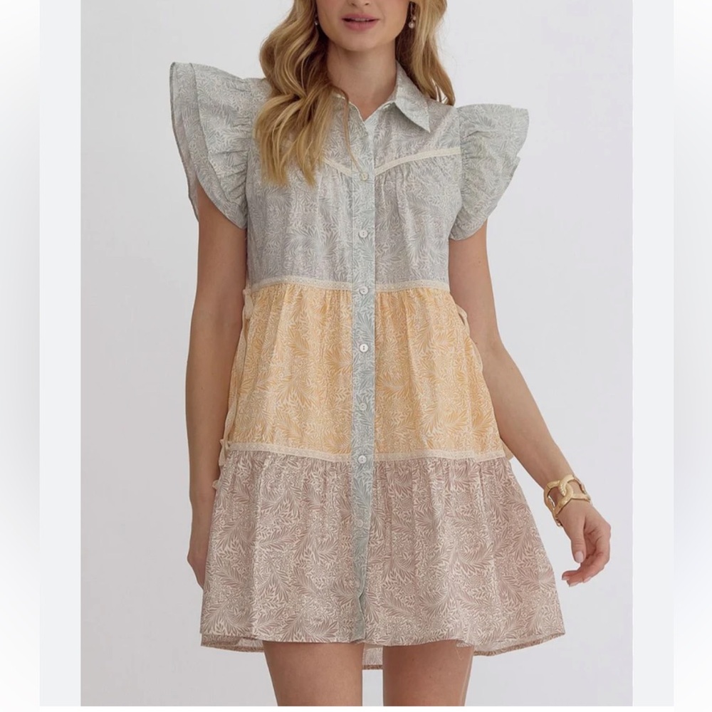 entro Pastel Tiered Mini Dress in Mint, Peach & Blush